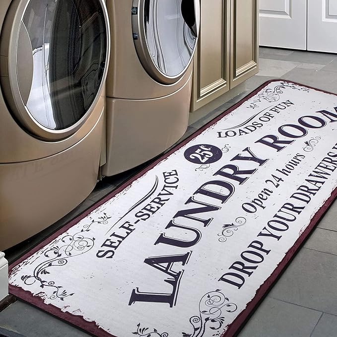 Laundry Room Long Rug Area Rug Non-Slip Floor Mat Waterproof Farmhouse Carpet for Kitchen 72" x 24"(White-1)