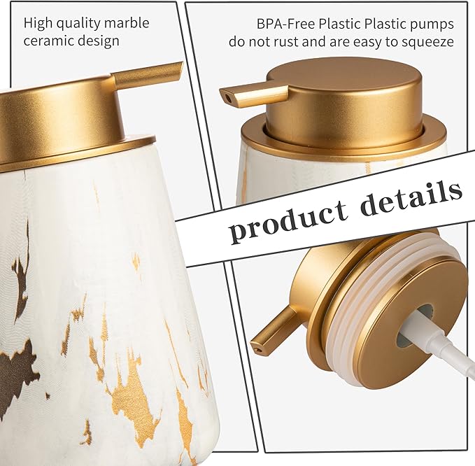 Enra Ceramic Gold Soap Dispenser,12 oz Marble Lotion Dispenser Bathroom Liquid Refillable Hand Soap Dispenser for Bathroom Kitchen with Easy-to-Press Pump (Glod Liquid Type)