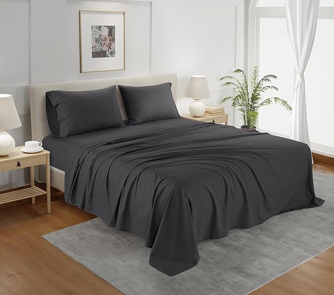 800 Thread Count Egyptian Cotton Sheets Queen Sheet Set Deep Pocket,100% Cotton Bed Sheets Queen Size Set, No Pill Soft & Comfy Naturally Cool Breathable Elasticated Sheet & Pillowcase Sets- Charcoal