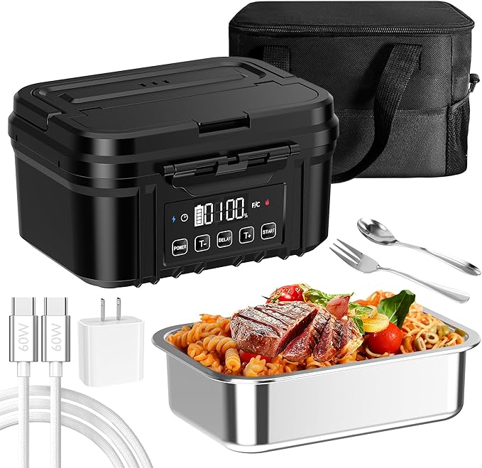 Cordless Electric Lunch Box for Adults – Battery-Powered Heated Lunch Box with 1.2L Stainless Steel Container, Timer Function, and Leak-Proof Food Warmer for Work, Travel & Office