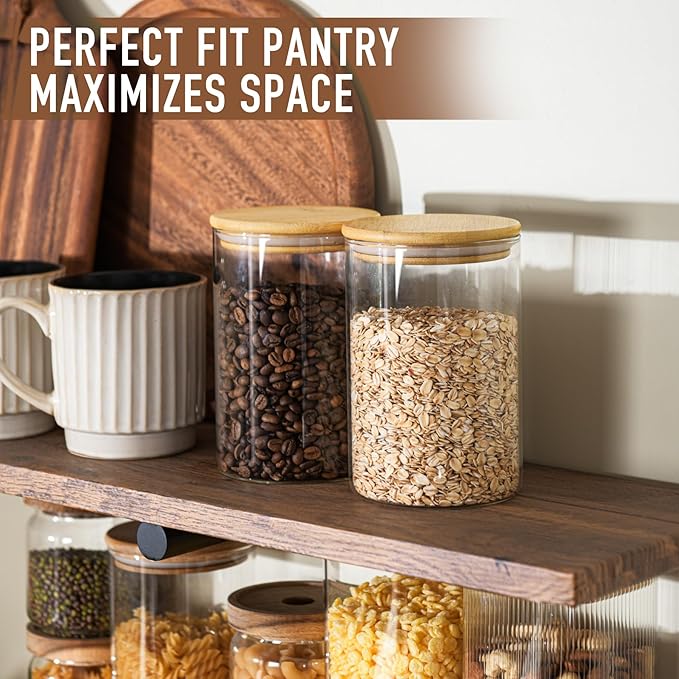 32oz Straight Cylindrical Airtight Storage Containers with Bamboo Lids Set of 6, Round Stackable Canisters, Food Jars, Pantry Organizers for Sugar, Cookies and Coffee beans (with Black Lable)