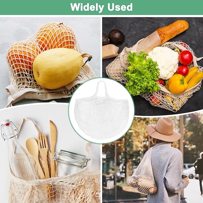 2-Pack Cotton Mesh Bag, Reusable Washable Mesh Net String Grocery Bags, Reusable Produce Bags with Handle, Net Tote Bag for Fruits/Vegetables Shopping [White, Long&Short Handle]
