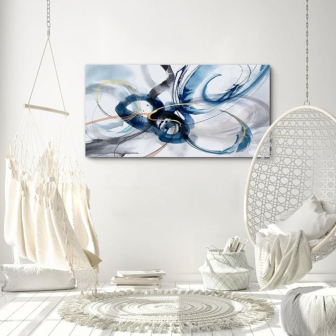 yiijeah Abstract Wall Art - Blue and White Pictures Wall Decor Living Room Canvas Artwork 40x20 Inches Modern Home Decor Bedroom Aesthetic