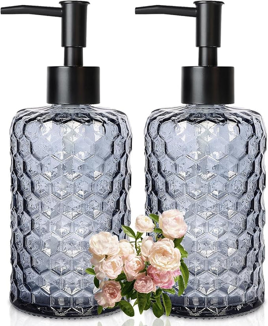 Clear Charcoal Blue Glass Soap Dispenser with Pump, 16oz Honeycombed Design Hand Soap Dispenser, Refillable Lotion & Dish for Dishwashing Liquid, Lotion