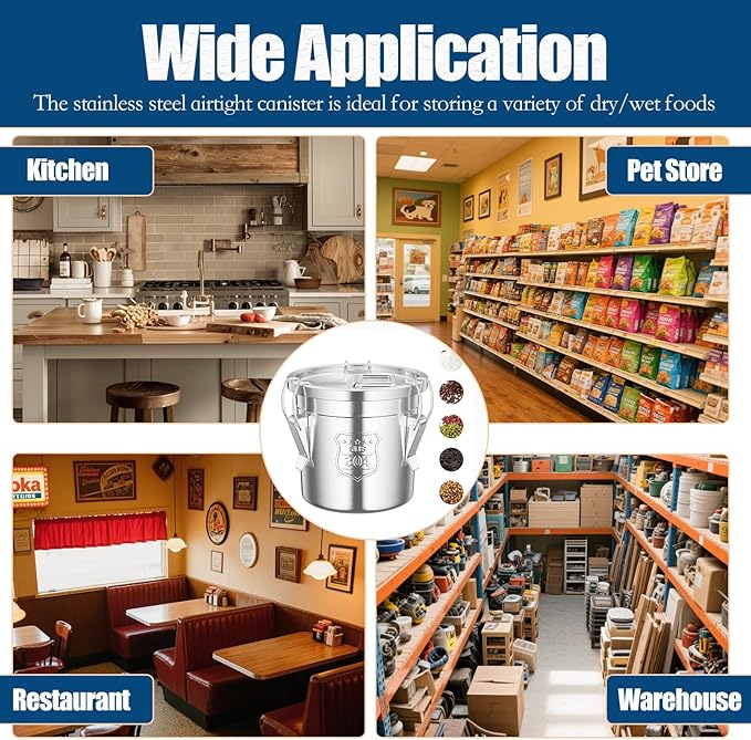 304 Stainless Steel Airtight Canister, 1.6Gal /203oz/6L Airtight Food Storage Container with Lid Lock Clips, Flour Container Metal Bucket Food Storage Container for Rice, Flour, Grain, Coffee Bean