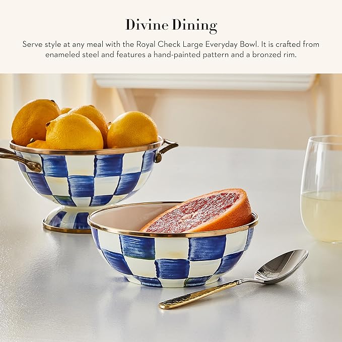 MACKENZIE-CHILDS Enamel Everyday Bowl, Serving Bowl for Entertaining, Large, Blue-and-White Royal Check