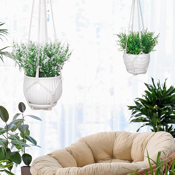 YIBOT Macrame Plant Hanger Indoor Set of 2 with 2 S Hooks, Indoor Outdoor Hanging Planter for Plants Holder with Decorative No Tassels, Boho Home Decor, 35 Inch, Ivory (Pots Not Included)