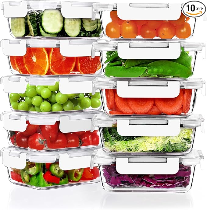 VERONES 10 Pack 22 OZ Glass Meal Prep Containers, Airtight Glass Lunch Containers Set, Food Storage Containers with Lids,BPA Free, for Microwave, Oven, Freezer & Dishwasher Friendly,White