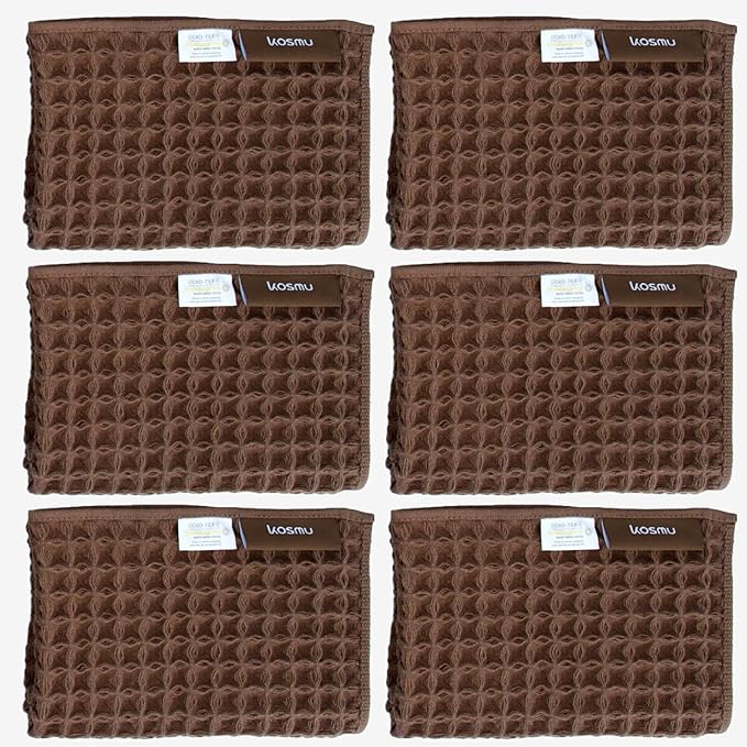 Luxury Japanese Cotton Silk Waffle Bath Towel | Plush, Absorbent, and Quick Dry (Dark Cocoa, Face Towel (6 Pack))