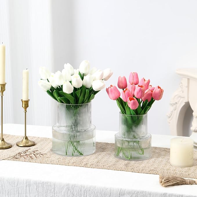 Ribbed Glass Vases for Bouquet, Set of 2 Fluted Vases for Flowers, Clear Vase for Tulips, Modern Glass Vase for Living Room, Office, Coffe Table, Dining Table, Shelf, Wedding