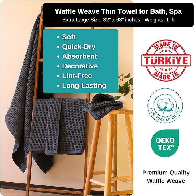 PÜSKÜL Premium Waffle Bath Towels Set of 2 - Organic 100% Turkish Cotton Bath Towel - Quick Dry, Absorbent, Light, Thin, 32x63 Large Waffle Towels for Bathroom (Dark Gray Bath Towels - Pack of 2)
