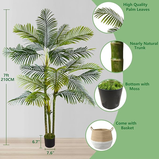 Artificial Palm Tree, 7ft Fake Areca Palm Plant with Basket, Large Faux Phoenix Palm UV Resistant Plants for Indoor Outdoor Home Garden Patio Office Décor