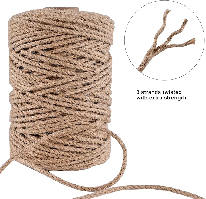 Natural Jute Twine 656ft 5mm,3Ply Twisted Thick Twine Rope Strong Jute String Roll for Crafts Gift Wrapping Gardening Home Decor Bundling Cat Scratching Post