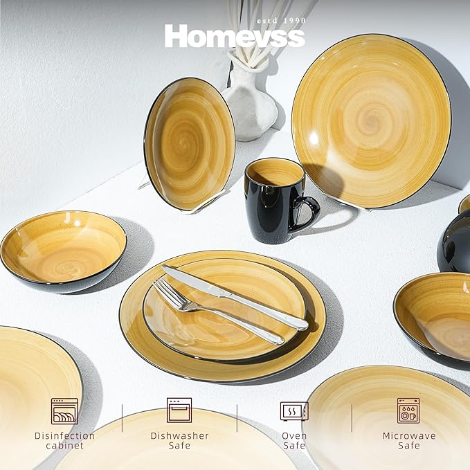 Sonoma 16 Piece Stoneware Dinner Set, Outside Black + Inside Handpainted Color Yellow with speckle