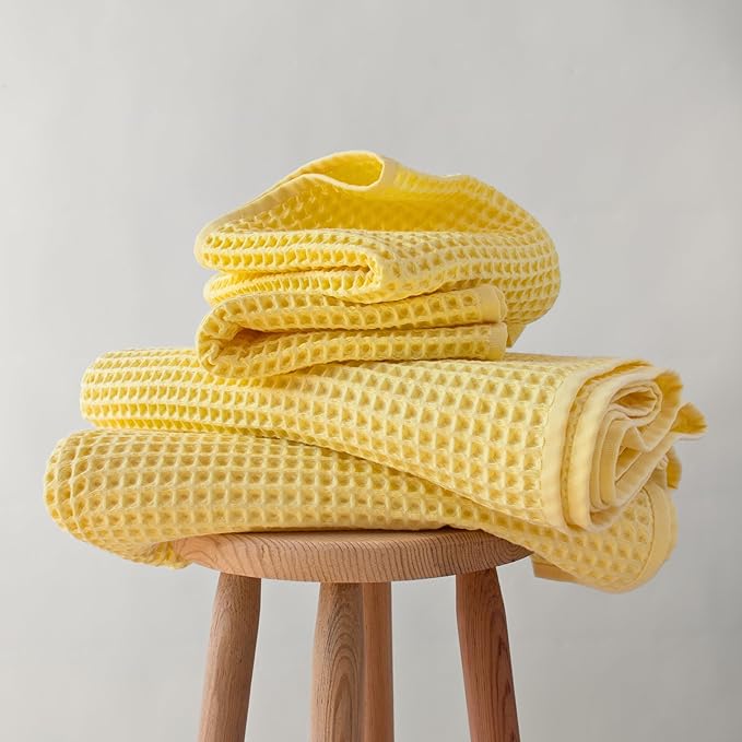 PÜSKÜL - Premium Waffle Towel Set 4 Pieces Yellow - Organic 100% Turkish Cotton Quick-Dry Towels for Bathroom Made in Turkiye (Light Yellow, Towel Set - 2 Hand & 2 Bath Towels)