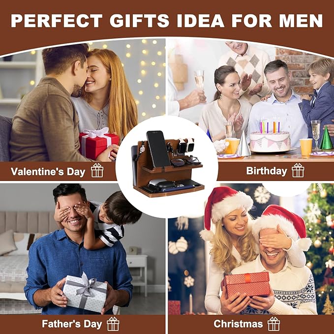Gifts for Men Desk or Nightstand Organizer - Wood Phone Docking Station - Birthday Gifts for Husband, Fathers Day for Dad - Anniversary Idea from Wife - Key Holder, Stand Wallet, Watch & Essentials