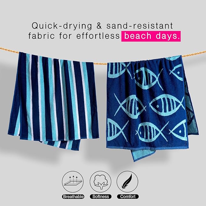 CASA COPENHAGEN Miami Bath Towels Designed in Denmark Rough and Tough, Quick Dry, for Pool, Bath & Shower 30"x60", 2 Pieces Cotton Beach Towels Set - Fish Navy + Turquoise Stripe