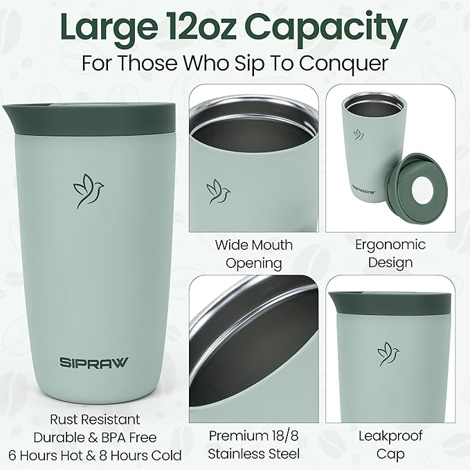 Travel Coffee Mug Tumbler, Reusable Iced Coffee Hot Coffee Cup, Double Wall Insulated Thermal Stainless Steel Material, Gift for Women Men, Perfect for Camping Travelling, 12 oz, Pastel green