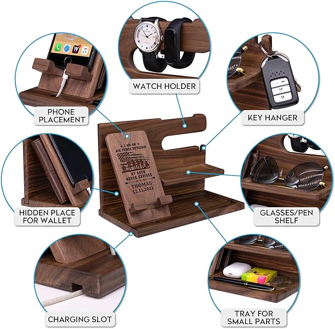 Air Force Gifts for Veterans Day Personalized Docking Station - Unique Nightstand Organizer Present for Soldiers in Military Air Force - Thank You Airforce Gifts, Veteran Air Force Christmas Gifts