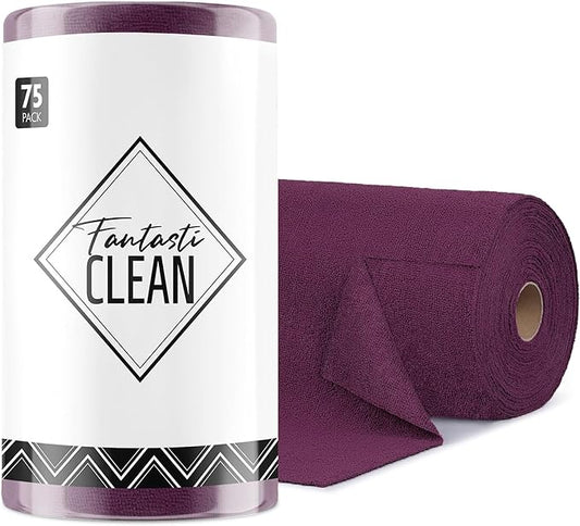 Fantasticlean Microfiber Cleaning Cloth Roll -75 Pack, Tear Away Microfiber Towels, 12" x 12", Reusable, Washable, Scratch Free, Ultra Absorbent for Car, Home Supplies (Dark Purple)