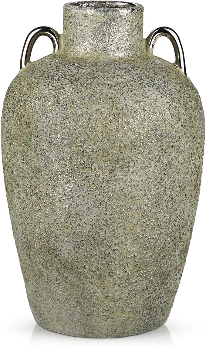 Large Ceramic Vase, 11.2" Tall Rustic Farmhouse Vase, Vintage Flower Vase with 2 Ears, Electroplated Terracotta Floral Vases for Home, Living Room, Shelf, Mantel, Entryway, Wedding, Table Centerpiece