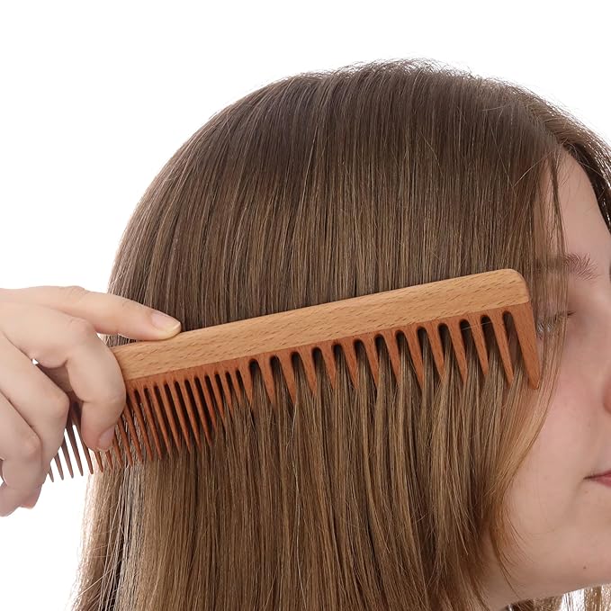 Wide Tooth Wooden Comb Handmade - Natural Vintage Style Wide Tooth Comb for Curls Gentle Styling - Anti-Static Wood Hair Combs For Women Detangling (Sparse and Dense Tooth)
