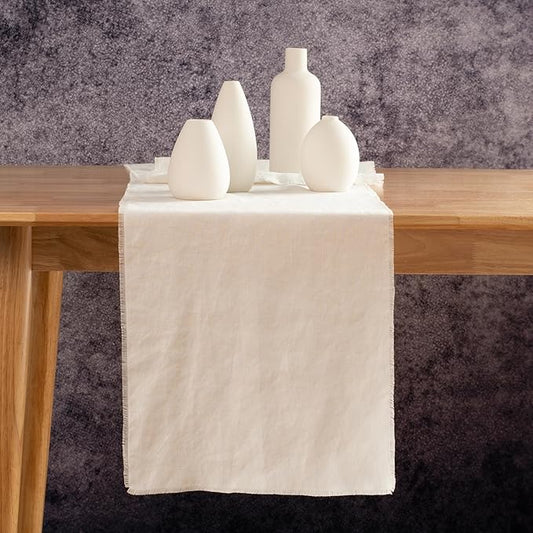 Table Runner with Fringe- 14x120 Inch Off White, 100% Pure Linen Table Runner for Chirstmas, Easter, Thanksgiving, Party, Wedding, Winter, Handmade