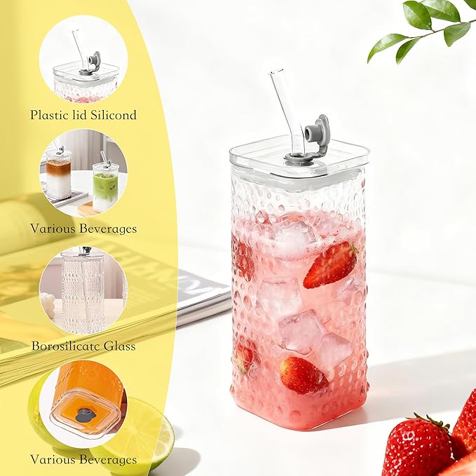 Glass Cups with Lid and Straw 4 Sets, 13OZ Square Embossed Beaded Glass Tumbler with Lid and Straw for Whiskey Cocktail Beer, Iced Coffee, Hot/Cold Drinks