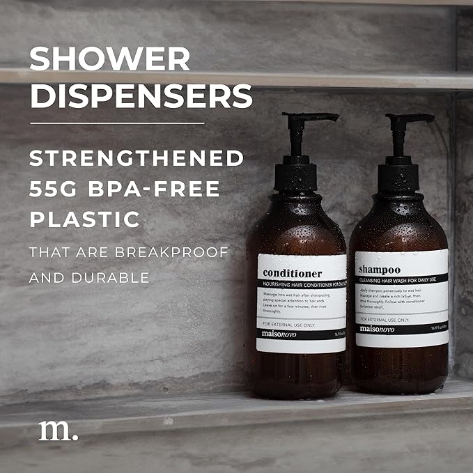 MaisoNovo Refillable Shampoo and Conditioner Bottles | 16.9 fl oz Set of 3 Amber Plastic Bottles Black Pumps