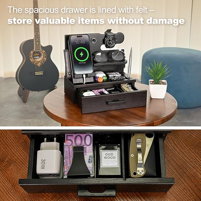 TESLYAR Wood Phone Docking Station with Drawer - Nightstand Organizer - Desk Organizer for Husband - Birthday Gifts for Men, Dad, Anniversary Idea, Key Holder Stand Watch & Accessories (Fumed Black)
