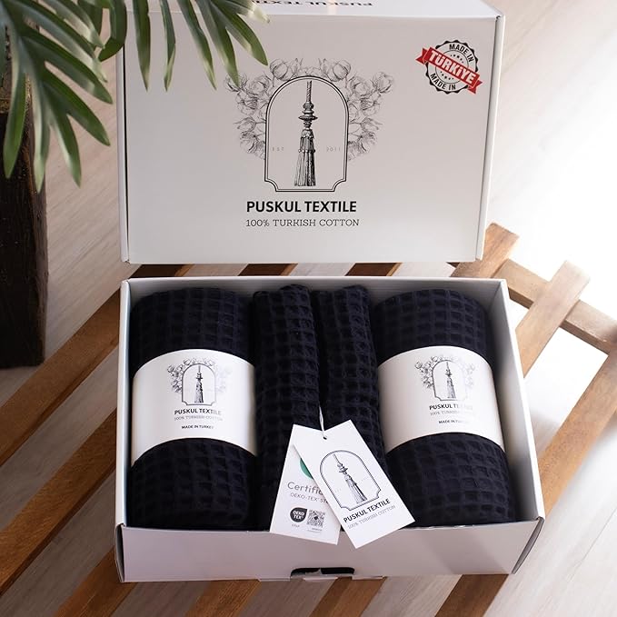 PÜSKÜL - Premium Waffle Towel Set 4 Pieces Black - Organic 100% Turkish Cotton Quick-Dry Towels for Bathroom Made in Turkiye (Black, Towel Set - 2 Hand & 2 Bath Towels)