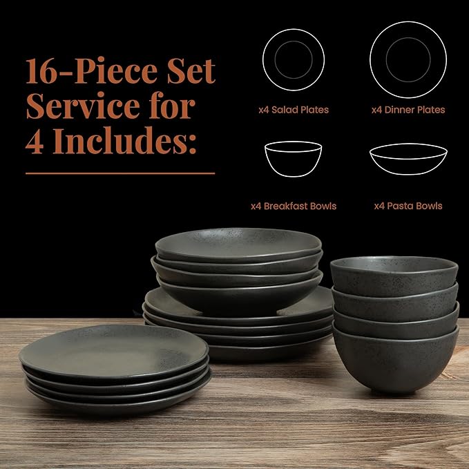 Trasa Home by Larder & Vine, Eco-Friendly High Fired Artisan Stoneware, Organic & Modern Dinnerware, 16 piece set, 4 place settings (Charcoal)