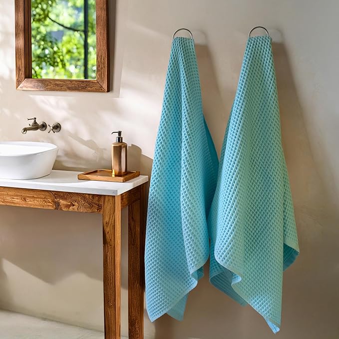 PÜSKÜL - Premium Waffle Towel Set 4 Pieces Turquoise - Organic 100% Turkish Cotton Quick-Dry Towels for Bathroom Made in Turkiye (Turquoise, Towel Set - 2 Hand & 2 Bath Towels)