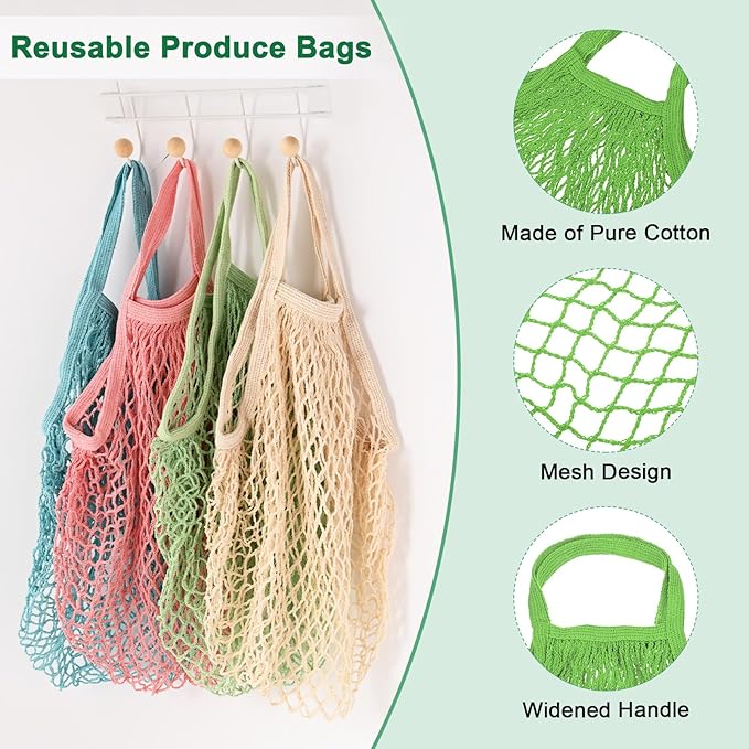 1-Pack Cotton Mesh Bag, Reusable Washable Mesh Net String Grocery Bags, Reusable Produce Bags with Handle, Net Tote Bag for Fruits/Vegetables Shopping [Green, Short Handle]