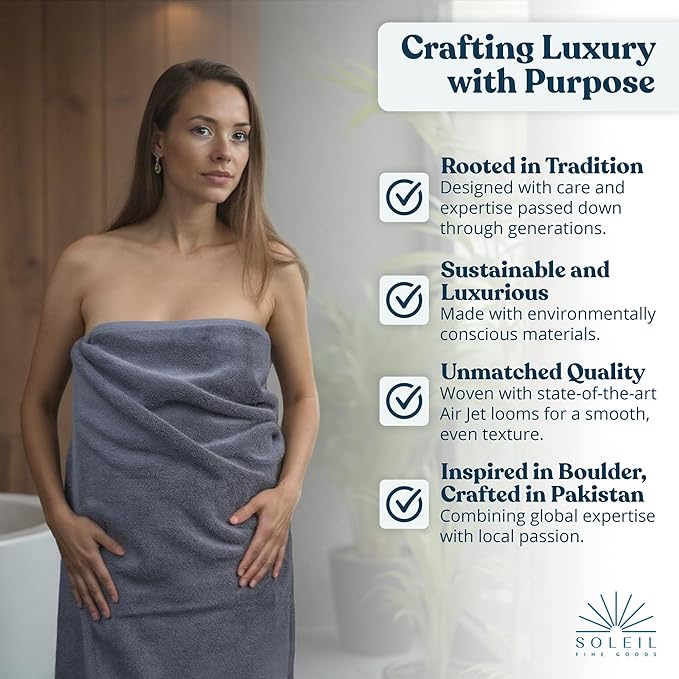 Soleil Fine Goods Luxurious 800 GSM 100% Cotton Bath Towel Set (4-Pack, 27x54) - Heavyweight & Ultra Absorbent, Plush Softness for Bathroom | Hotel & Spa Quality Luxury Towels- Blue Grey