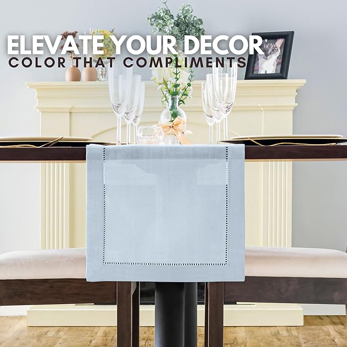 Light Blue Table Runner with Hemstitch – Dusty Blue Table Runner for Home Decor, Weddings, Baby Showers & Dining Room Decorations (14 x 54 Inches Long)