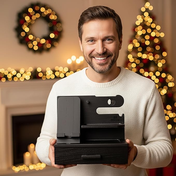 TESLYAR Wood Phone Docking Station with Drawer - Nightstand Organizer - Desk Organizer for Husband - Birthday Gifts for Men, Dad, Anniversary Idea, Key Holder Stand Watch & Accessories (Granite Black)
