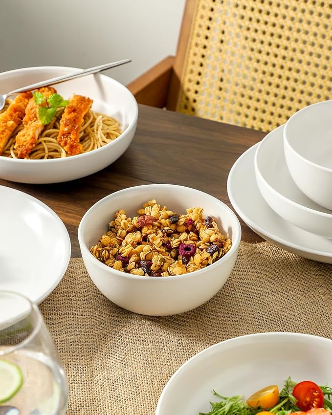 Stoneware plates and bowls sets, 12 Pieces Dinnerware Sets, Dishes Set for 4,Kitchen Essential of Scratch-Resistant Ceramic Plates Set, Microwave and Dishwasher Safe Tableware- Matte white