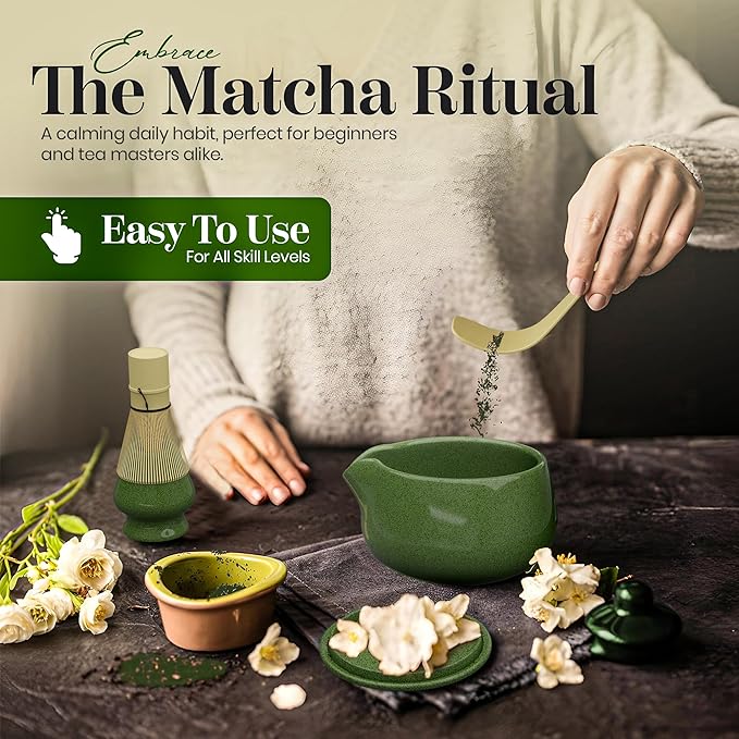 NEXTLUXE Matcha Whisk Set – Traditional Bamboo Chasen with Ceramic Bowl, Matcha Bowl and Whisk Kit - Measurement Lines, Spoon & Lid – Green