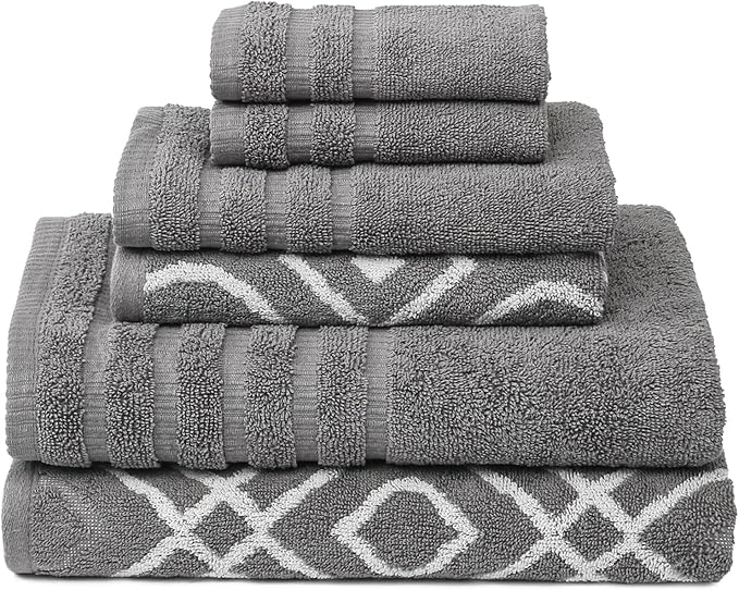 Modern Threads Oxford 6-Piece 100% Cotton Towel Set – Yarn Dyed Jacquard & Solid – Includes 2 Bath Towels, 2 Hand Towels, 2 Washcloths – Absorbent, Quick Dry, Soft & Durable – Gray