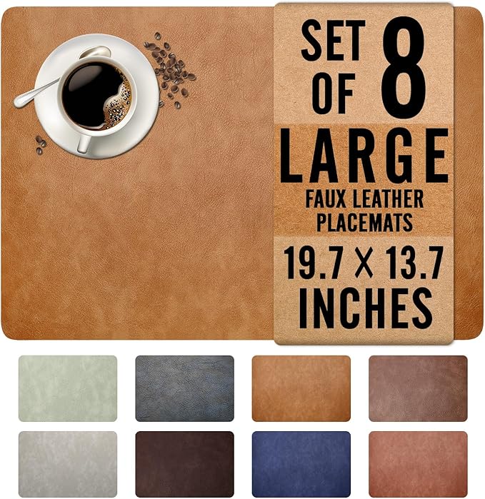 UnivoColors Washed Cowhide Pattern Faux Leather Big Size Placemats Set of 8, Waterproof Easy to Clean Anti-Slip PU Table Mats for Party Decoration19.7″×13.6″,Camel Retro Cowhide Pattern