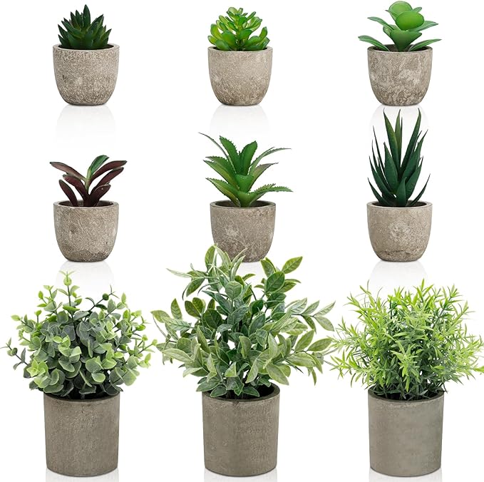 Artificial Potted Plants Faux Greenery in Cement Pots for Shelf, Bookshelf, Office or Home Decor, Small Decorative Fake Plants for Modern Indoor Display (9, XXXL)