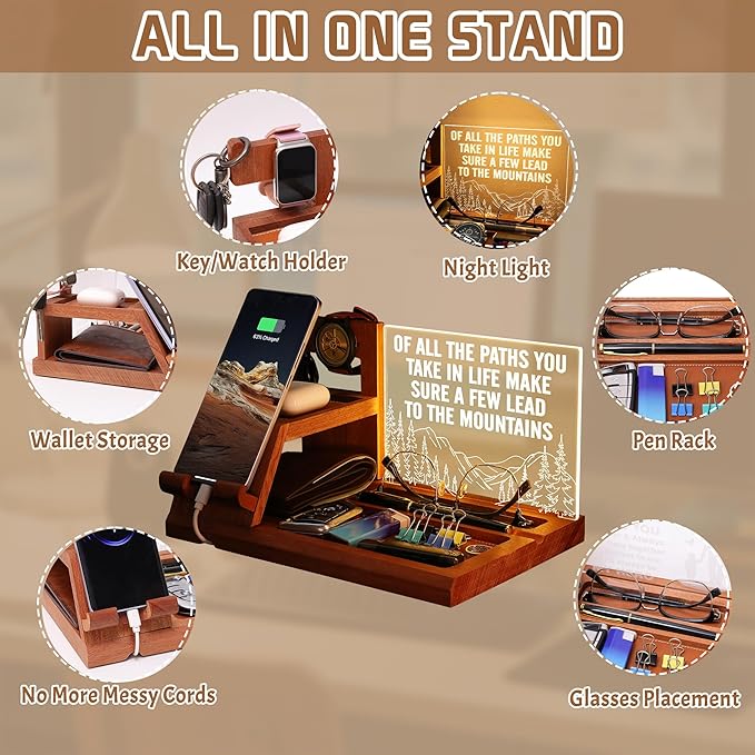 Attivolife LED Phone Dock Gift for Men with Night Light - Desk Organizer & Charging Station for Phone, Keys, Wallet, Watch - Best Father's Day Birthday Anniversary for Him, Husband, Boyfriend