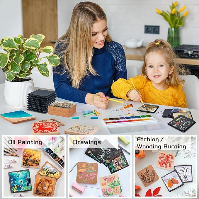 89 PCS Square Blank Coasters Bulk for Laser Engraving, MAPRIAL 4 Inch 100% Natural Black Slate Stone, Wood, Cork, Engravable Materials for Engraver, Gifts, Crafts, Wedding