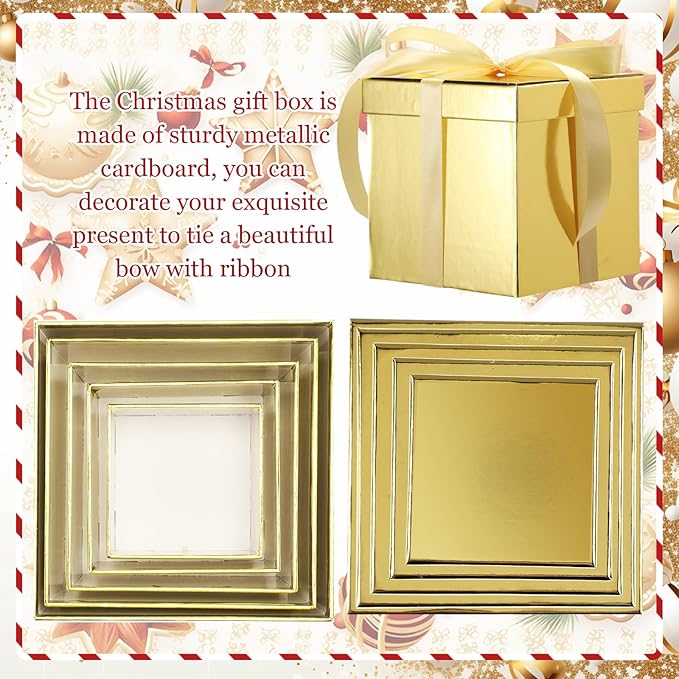 Cholemy 5 Pcs Square Nesting Boxes Decorative Gift Boxes with Lid and Ribbon Assorted Sizes Wrap for Wedding, Thanksgiving, Christmas, Anniversary, Birthday, Bridal Party(Shiny Gold)