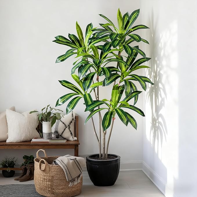 Artificial Dracaena Plant 5FT - Realistic Fake Dracaena Tree Tall Large Faux Silk Plants Fake Floor Potted Artificial Plants for Home Decor, Office Plants