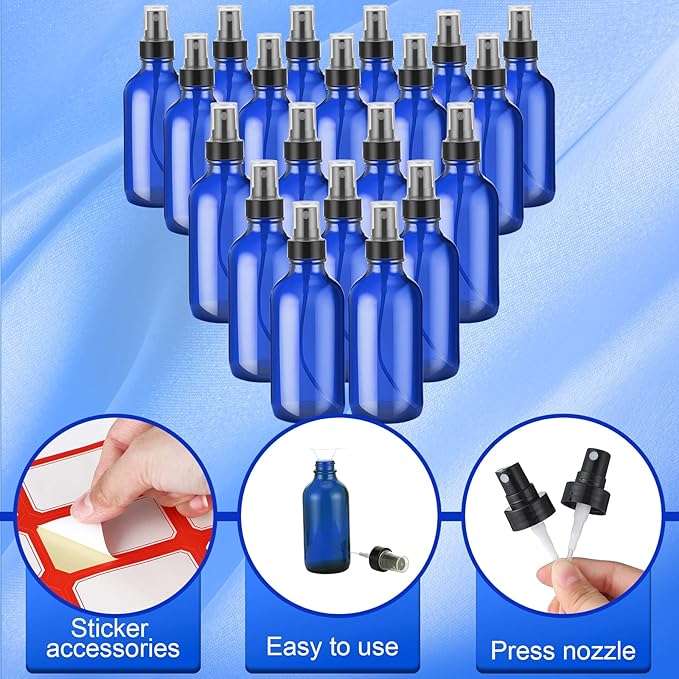 Fumete 36 Pcs Glass Spray Bottles 4oz Fine Mist Glass Spray Bottle Refillable Liquid Containers with 6 Labels 6 Funnel for Hair Travel Plants Cleaning Solutions Skin Care(Blue,Simple)
