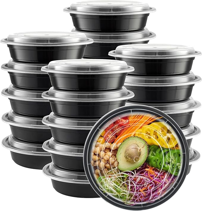 GUSTO [24 oz - 50 Count Round Meal Prep Containers with Lids – Reusable, Microwaveable, Dishwasher & Freezer Safe, BPA-Free Food Storage Containers for Portion Control (Formerly Comfy Package)