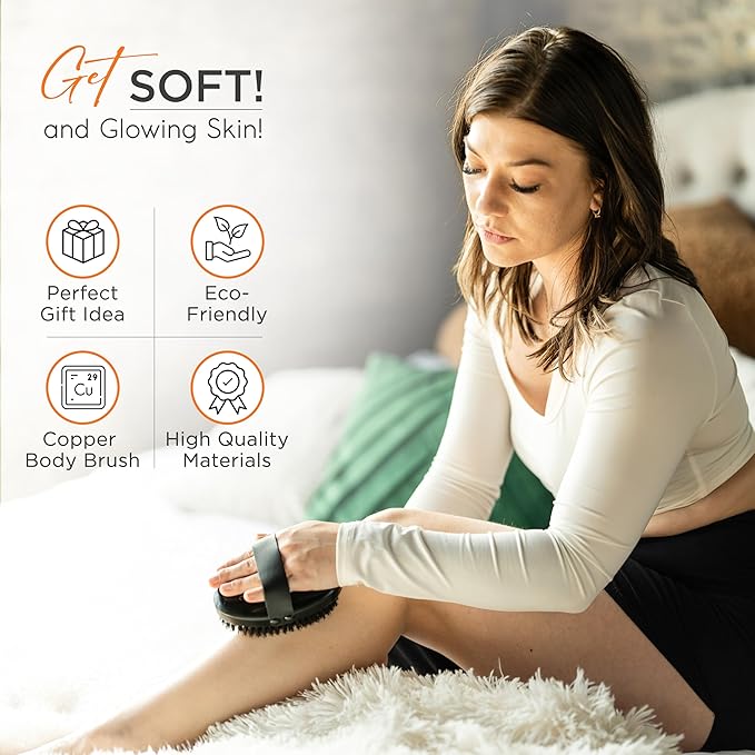 Copper Body Brush - Dry Brushing Body Brush with Ion Charged Copper Bristles, Glowing Skin, Lymphatic Drainage and Blood Circulation Improvement