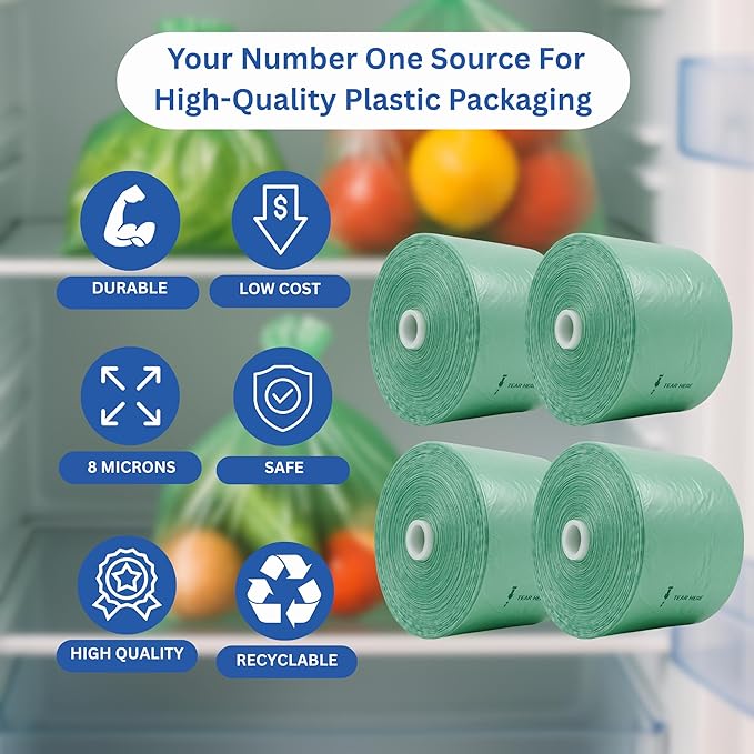 Narrow Profile Produce Bags Roll Green - 1900 Bags - 16"x28" – 4 Rolls - 8 Microns – for Grocery, Small Business, Produce Use, Food & Storage Needs, Garden Fresh, Narrow Profile, Kitchen Use